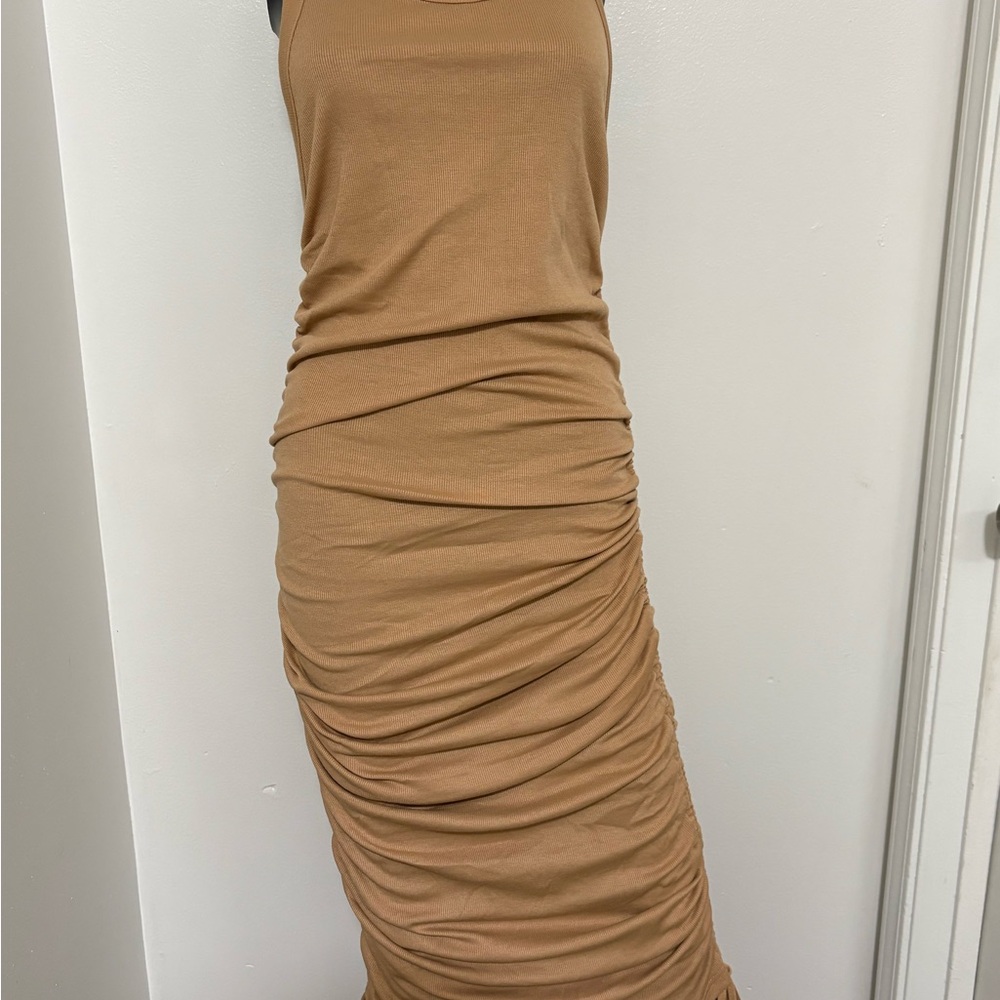 Ruched Sleeveless Maxi Dress in Camel Tan NWOT Large